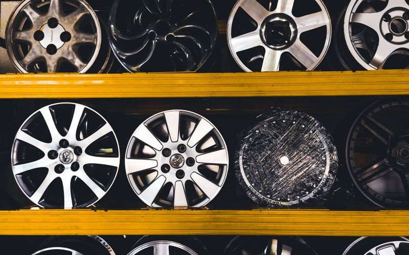 Auto spare parts store shelves stocked with vehicle components