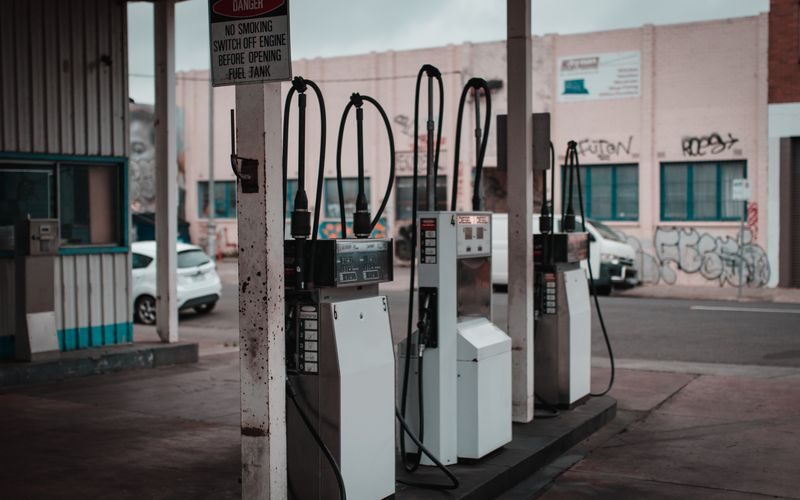 Petrol station with fuel dispensers and forecourt