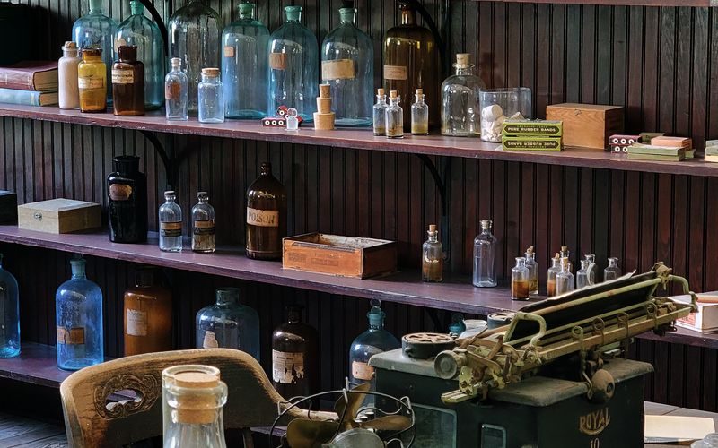 Pharmacy interior showing medicine products on shelves