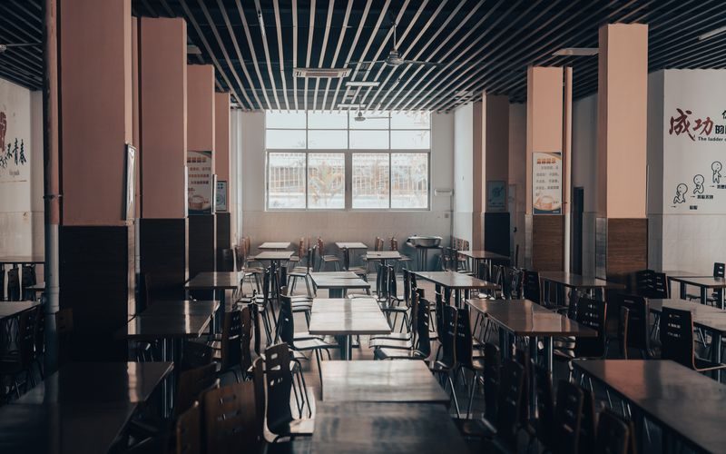 School canteen serving area with meal service
