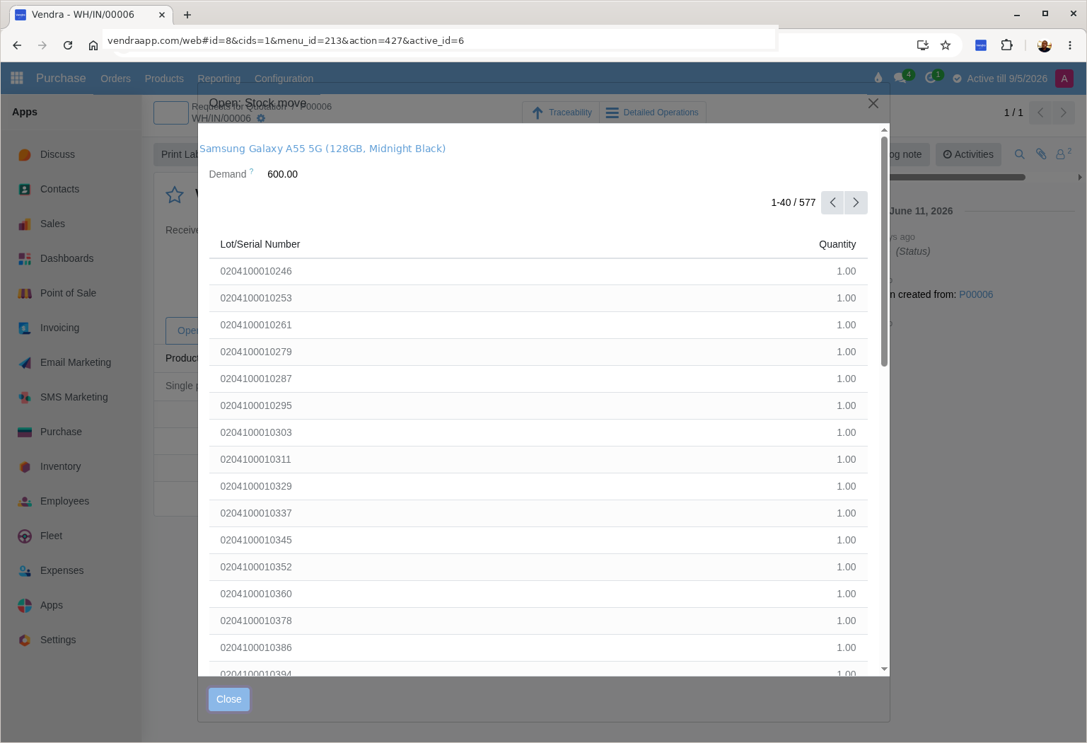 Vendra serial number tracking — lot/serial list for a phone purchase order