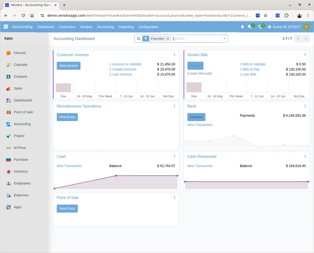 Vendra accounting dashboard showing customer invoices, vendor bills and bank balance