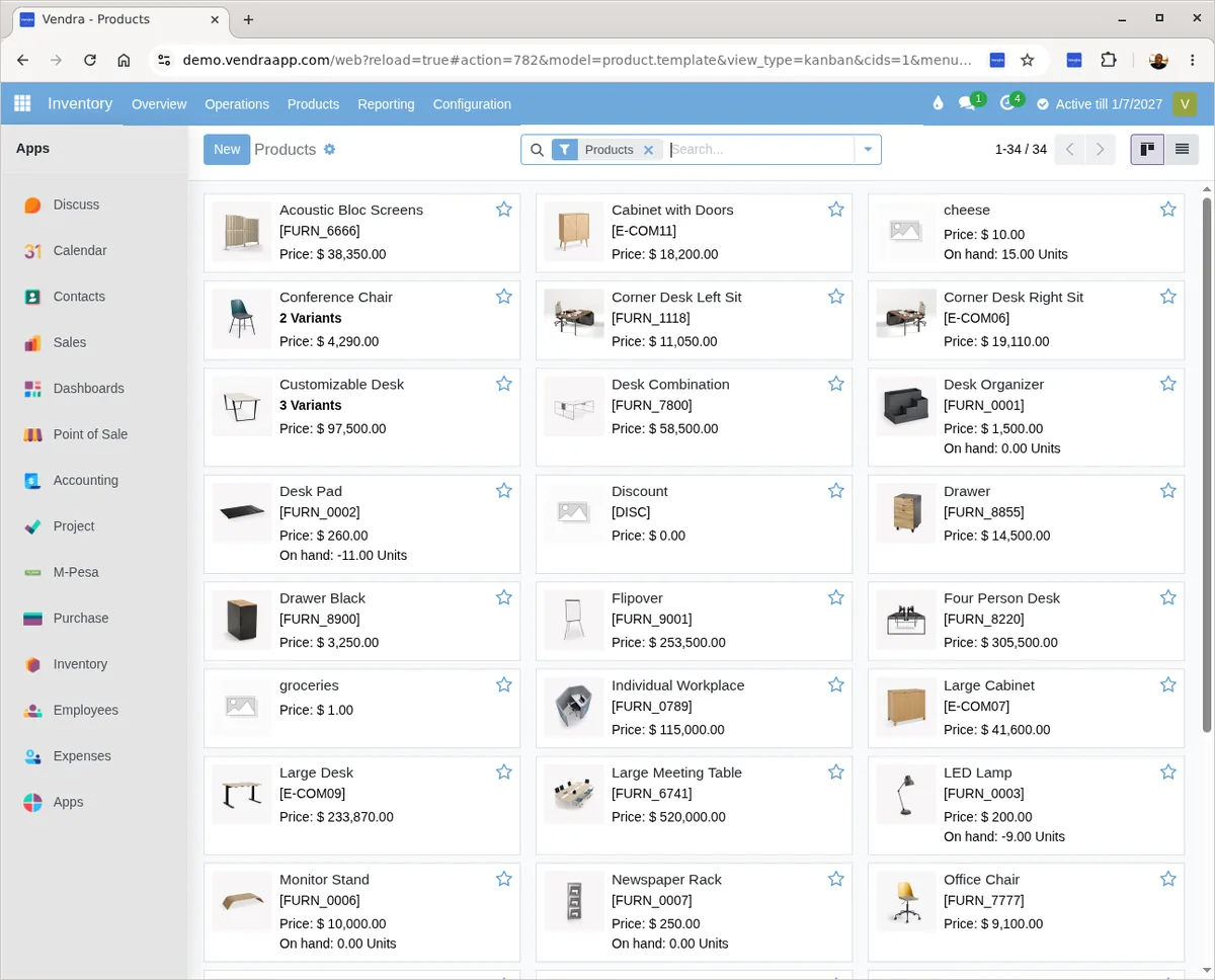 Vendra inventory management dashboard showing real-time stock levels and product list