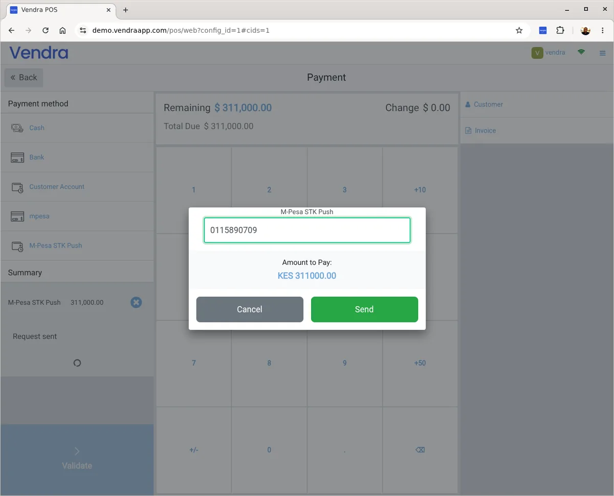 Vendra M-Pesa STK push payment screen — mobile money payment confirmation at checkout